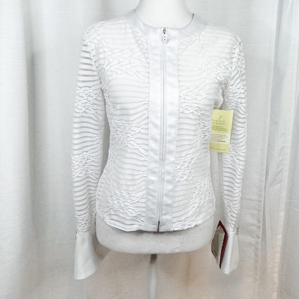 Vintage 2007 JS Collections Top Womens 6 NWT White Sheer Zip Bell Sleeve